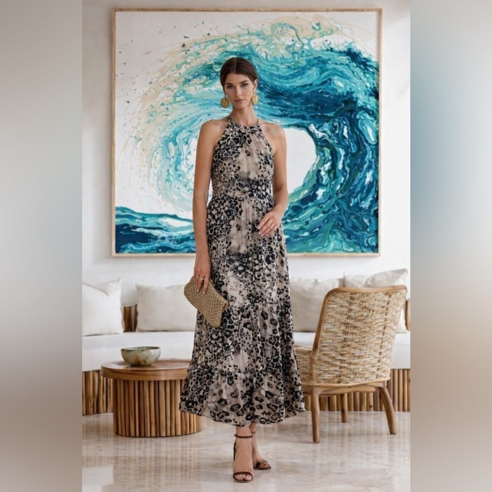🆕Animal print fusion halter style maxi dress M